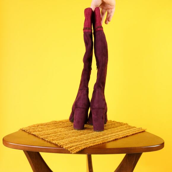 Rialto Faux Suede Purple Heeled Two Toned Color Block Boots, 6M - Picture 2 of 4